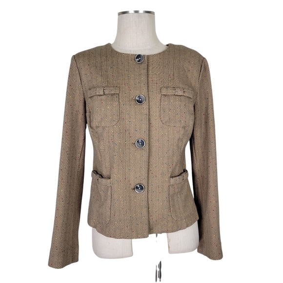 CAbi Herringbone Blazer Size M Brown Speckle Fleck Penny 2 Chest 2 Patch Pockets - Picture 1 of 12